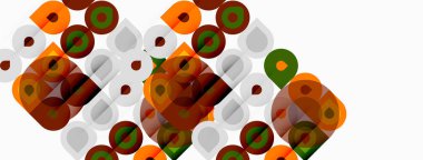 Soyut geometrik desen. Çemberler, kareler, yuvarlak şekiller örtüşüyor ve dokulu görsel efektler yaratıyor. Sıcak renkler kompozisyona hakim.