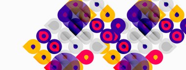 Soyut geometrik desen. Çemberler, kareler, göz yaşları örtüşüyor ve renkli bir kompozisyon oluşturuyor. Modern tasarım ögesi.