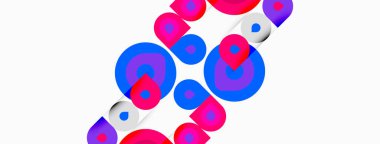 Soyut daireler üst üste biniyor, beyaz arkaplanda canlı pembe, mavi şekiller yaratıyor. Modern tasarım, eğlenceli kompozisyon.