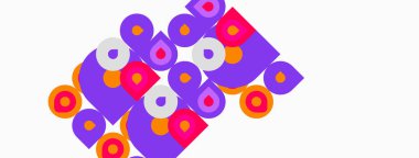 Soyut desen, turuncu daireli mor kareler içerir. Şekiller örtüşür ve dinamik görsel doku yaratır. Minimalist tasarım, parlak renkler.