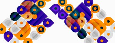 Soyut geometrik desen. Üst üste binen kareler, daireler dinamik görsel doku oluşturur. Parlak renkler kompozisyona hakim.