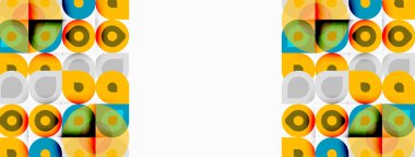 Retro desen tekrarlayan daireler ve kareler içerir. Renkler arasında turuncu, deniz mavisi, gri, sarı var. Minimalist tasarım canlı görsel doku yaratır.