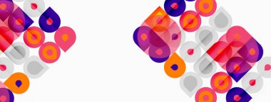 Soyut geometrik desen. Çemberler, kareler örtüşüyor canlı renkli bir tasarım yaratıyorlar. Modern estetik, basit arkaplan.