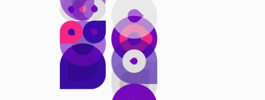 Soyut geometrik şekiller örtüşür, canlı mor renkler yaratır. Kompozisyon modern, oyuncu, minimalist hissettiriyor. Arkaplan hafif nötr.