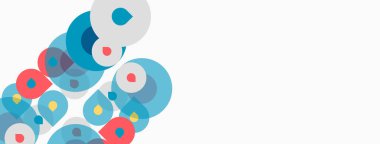 Soyut daireler çakışıyor, canlı desenler yaratıyor. Renkler arasında mavi, kırmızı, deniz mavisi, beyaz var. Minimalist tasarım, modern estetik.