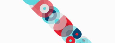 Soyut daireler, kırmızı, mavi, pembe renkler. Çapraz düzenleme dinamik görsel akış yaratır. Minimalist tasarım, temiz estetik.