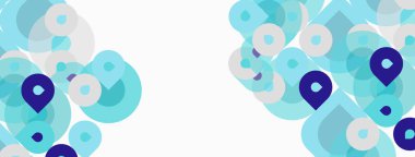 Soyut arkaplan özellikleri üst üste binen daireler, değişik boyutlarda, mavi, yeşil, gri tonlarda. Minimalist tasarım konum, bağlantı, veri noktaları önerir.