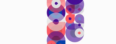 Üst üste binen daireler içeren soyut kompozisyon. Renkler arasında mor, pembe, mavi, beyaz. Modern tasarım, basit şekiller, temiz estetik..