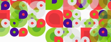 Soyut geometrik desen. Çemberler, kareler örtüşüyor. Renkli bir kompozisyon oluşturuyor. Modern tasarım ögesi.