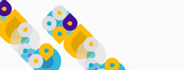 Soyut renkli daireler köşegen çizgiler oluşturur. Parlak renkler, neşeli, modern görsel efektler yaratır. Basit şekiller kompozisyona hakim olur.