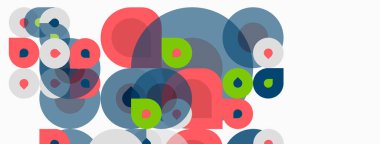 Üst üste binen daireler içeren soyut kompozisyon. Renkler arasında mavi, yeşil, kırmızı, pembe, gri yer alıyor. Basit şekiller dinamik görsel doku oluşturur.