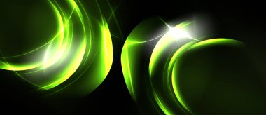 Soyut yeşil enerji akışı, girdap çizgileri, parlak ışık. Karanlık arka plan dramatik görsel etki yaratır. Modern tasarım ögesi.