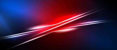 Soyut arkaplan parlak mavi, kırmızı çizgiler içerir. Işık çizgileri, dinamik görsel efekt oluşturarak kesişir. Koyu alanlar karşıtlık sağlar.