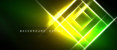 Parlak neon çizgileri soyut geometrik desen oluşturur. Canlı yeşil, sarı renkler koyu arkaplana hakim. Modern tasarım ögesi.