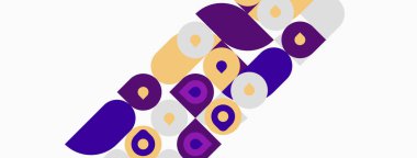 Soyut tasarım üst üste binen mor, altın ve gri şekiller içerir. Daireler, yuvarlak dikdörtgenler dinamik bileşim oluşturur. Minimalist estetik.