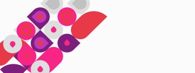 Soyut geometrik şekiller, daireler, kareler, pembeler, morlar kompozisyona hakim. Beyaz uzay mevcut minimalist tasarım. Modern estetik.