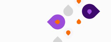 Soyut şekiller, mor, turuncu, gri noktalar beyaz arkaplanda yüzer. Minimalist tasarım, basit geometri, modern estetik.