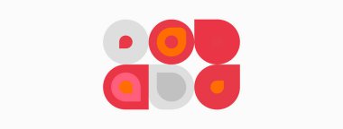 Soyut geometrik şekiller, daireler, farklı boyutlar, renkler. Minimalist tasarım, şeftali, gri, kırmızı renkler. Temiz kompozisyon, modern estetik..