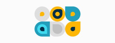 Soyut geometrik şekiller, daireler, kareler, deniz mavisi, turuncu, gri. Minimalist tasarım, temiz çizgiler, modern estetik, basit kompozisyon.