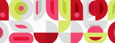 Soyut geometrik desen. Tekrarlayan şekiller eğlenceli, retro estetik yaratıyor. Yumuşak renkler tasarımda baskın, görsel ahenk sunuyor.