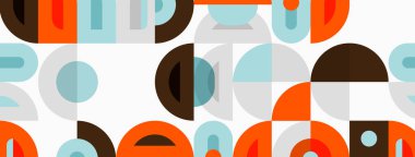Retro desen, üst üste binen daireler, yarı daireler. Renkler turuncu, kahverengi, deniz mavisi, gri, beyaz. Basit geometrik tasarım.