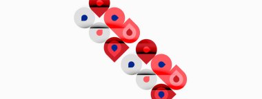 Kırmızı, beyaz daireler çapraz dizilmiş. Gölge efektleri beyaz arkaplan üzerinde derinlik ve basit geometrik tasarım yaratır.