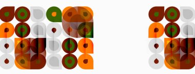 Geometrik desen daireler, kareler, dikdörtgenler içerir. Renkler arasında kahverengi, turuncu, yeşil, bej yer alıyor. Minimalist tasarım, yinelenen motifler.