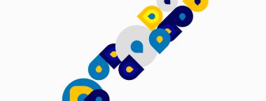 Soyut şekiller, canlı renkler, çapraz düzenleme. Mavi, sarı, beyaz formlar dinamik kompozisyon oluşturur. Modern tasarım elemanları.