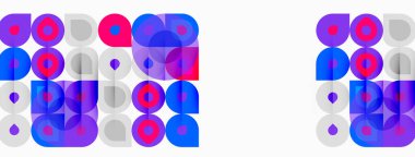 Soyut geometrik desen. Çemberler, kareler, dikdörtgenler örtüşüyor ve canlı bir görsel etki yaratıyor. Mor, mavi, gri baskın kompozisyon.