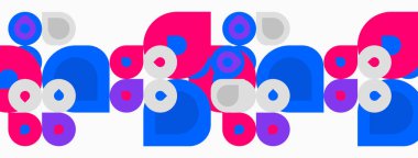 Geometrik desen üst üste binen daireler, kareler, pembe, mavi, gri renkler içerir. Tekrarlanan tasarım modern görsel ritim yaratır.