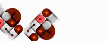 Soyut geometrik şekiller, daireler, kareler, üst üste binen katmanlar. Kırmızı, gri, beyaz renk düzeni modern tasarım yaratır. Minimalist kompozisyon.