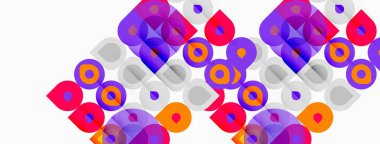 Soyut geometrik desen. Üst üste binen daireler, kareler, canlı renkler dinamik görsel doku oluşturur. Modern tasarım ögesi.