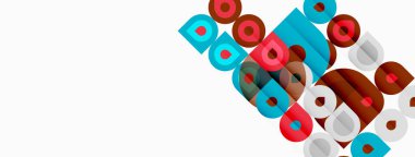 Soyut geometrik şekiller, daireler, kareler, dikdörtgenler kesişir. Kırmızı, deniz mavisi, kahverengi renkler beyaz arkaplana hakim. Modern tasarım elemanları.