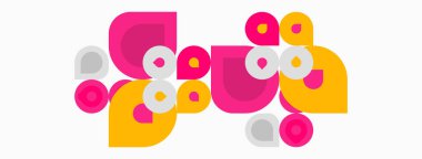 Abstract geometric shapes, pinks, yellows, grays. Overlapping circles create playful composition. Minimalist design, modern aesthetic.