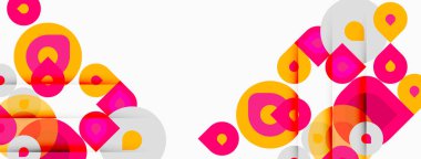 Soyut geometrik şekiller örtüşür, canlı renk bileşimi yaratır. Pembe, sarı, gri baskın tasarım. Modern, eğlenceli estetik..