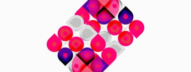 Soyut geometrik desen. Kareler, daireler bir yanılsama yaratıyor. Pembe, mor renkler beyaz arkaplana hakim. Modern tasarım ögesi.