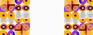 Retro desen tekrarlayan daireler ve kareler içerir. Turuncu, mor, bej renkler tasarımda baskın. Temiz beyaz boşluk mevcut.