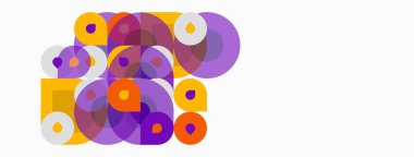 Üst üste binen daireler içeren soyut kompozisyon. Renkler turuncu, mor, sarı, beyaz. Minimalist tasarım, modern estetik.