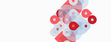 Soyut tasarım özellikleri üst üste binen kırmızı, açık mavi daireler. Minimalist kompozisyon, temiz estetik, basit şekiller görsel alana hakim..