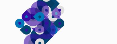 Üst üste binen mor, mavi daireler içeren soyut bir kompozisyon. Negatif alanı olan minimalist tasarım, modern estetik. Basit şekiller görsel ilgi yaratır.