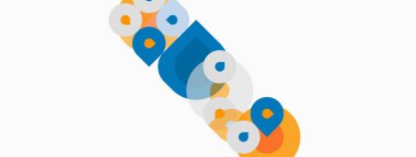 Soyut renkli şekiller örtüşür, dinamik bileşim yaratır. Çemberler, kareler, dikdörtgenler oyuncu bir tasarım oluşturur. Minimalist estetik.