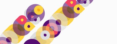 Soyut renkli daireler çakışıyor, dinamik desenler yaratıyor. Şekiller farklı boyutlarda, renkte, modern estetik sunuyor..