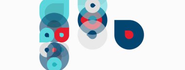 Üst üste binen daireler, kareler, kırmızı aksanlar içeren soyut kompozisyon. Minimalist tasarım, temiz çizgiler, modern estetik. Işık arkaplanı karşıtlık sağlar.