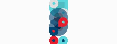 Soyut kompozisyon, üst üste binen daireler, kareler. Mavi, kırmızı renkler beyaz arkaplana hakim. Modern tasarım, basit geometri sunumu.