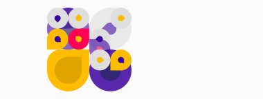 Soyut daireler, mor, sarı, beyaz kesişme oyuncu bir kompozisyon oluşturuyor. Minimalist tasarım, parlak renkler, basit şekiller imaja hakim..