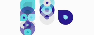 Soyut tasarım, üst üste binen daireler, değişik tonlarda mavi, mor, beyaz. Minimalist kompozisyon, temiz estetik. Modern grafik ögesi.