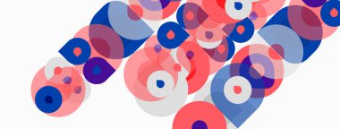 Üst üste binen daireler içeren soyut kompozisyon. Renkler arasında mavi, pembe, mor, beyaz. Modern tasarım, basit şekiller, dinamik desen.