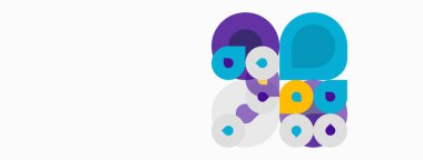 Soyut renkli daireler çakışıyor ve dinamik bileşim oluşturuyor. Modern tasarım, basit şekiller, canlı renkler sunar neşeli estetik.