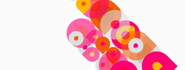 Üst üste binen daireler, canlı pembeler, portakallar, beyazlar içeren soyut bir kompozisyon. Modern tasarım, dinamik düzenleme, basit şekiller..