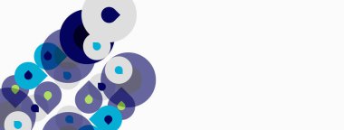 Soyut daireler, değişik tonlarda mavi, mor, beyaz. Minimalist tasarım, temiz arka plan, modern estetik. Kompozisyon sol alt köşeye odaklanır.